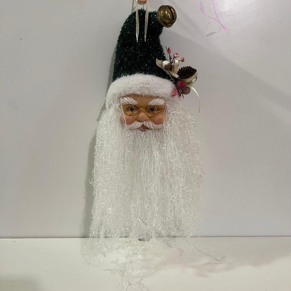 Pair of Santa Claus Head Ornaments‎ Glitter green Hat Bell micro tinsel beard